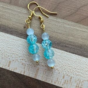 Stacked Aqua and White Beaded Dangle Earrings